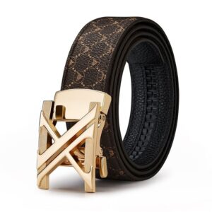 Men's brown leather belt with gold automatic buckle, patterned design, for formal or casual wear.