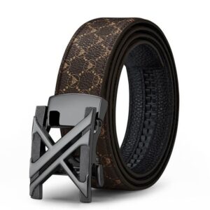 Men's brown leather belt with gold monogram pattern, black automatic buckle, for formal or casual wear.