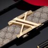 Men's luxury leather belt, brown monogram pattern, gold "A" buckle, automatic ratchet, for formal or casual wear.