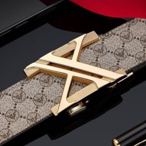 Men's brown patterned leather belt with gold "A" buckle, automatic ratchet, for formal or casual wear.