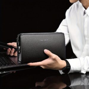 Men'S Leather Clutch Bag – Stylish &Amp; Durable Brown – Sumo Deals Men'S Black Pebbled Faux Leather Clutch Bag With Silver Zipper And Weixier Logo, Held By Hand, For Business Use.