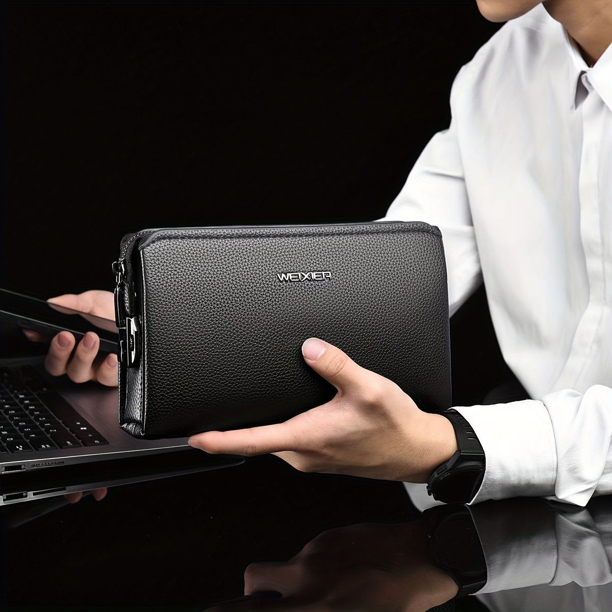 Men'S Leather Clutch Bag – Stylish &Amp; Durable Brown – Sumo Deals Men'S Black Pebbled Faux Leather Clutch Bag With Silver Zipper And Weixier Logo, Held By Hand, For Business Use.