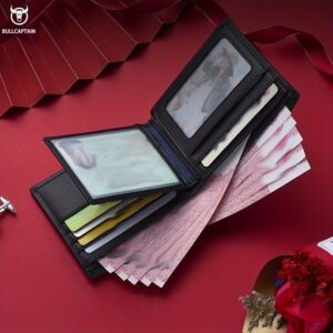Black leather men's bifold wallet with multiple card slots, ID windows, and cash compartment for everyday use.