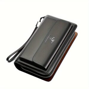 Men's black textured faux leather clutch wallet with wrist strap, silver logo, and double zipper for daily use.