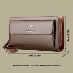 Men'S Brown Faux Leather Clutch Wallet With Wrist Strap, Front Flap Pocket, And Zipper Closure For Daily Use.