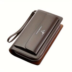 Men's brown textured faux leather clutch wallet with wrist strap, zippered closure, and kangaroo logo for daily use.
