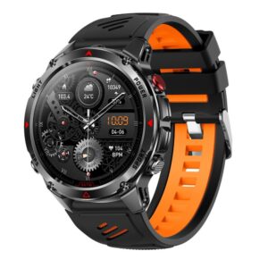 Rugged black smartwatch with orange silicone strap, round digital display, and silver accents for sports and fitness tra