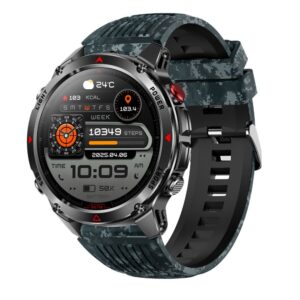 Rugged Black Smartwatch With Digital Camo Silicone Strap, Round Face, Red Accents, For Outdoor Sports And Fitness Tracki
