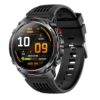 Black Rugged Smartwatch With Round Display, Silver Bezel, Red Button, And Textured Silicone Strap For Fitness Tracking.