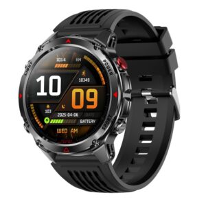 Black rugged smartwatch with round display, silver bezel, red button, and textured silicone strap for fitness tracking.