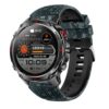 Rugged smartwatch with black metal bezel, digital camo silicone strap, and fitness tracking display for outdoor sports.