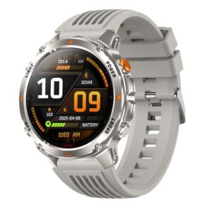 Silver-bezel smartwatch with gray silicone strap, orange buttons, and digital display for sports and fitness tracking.