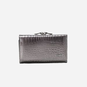 Metallic gray crocodile-embossed leather wallet with silver kiss-lock clasp, "Hengshuang" logo, for women's everyday use