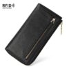 Black pebbled leather RFID protected long wallet with gold zippers and pull tabs for women.