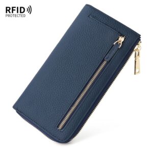 RFID protected navy blue pebbled leather women's wallet with gold zippers for secure everyday use.