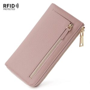 RFID protected pink pebbled leather women's wallet with gold zippers, for everyday use.