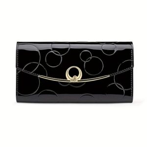 Black patent leather women's wallet with embossed circles, gold clasp, and heart detail for everyday use.