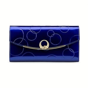 Blue Patent Leather Wallet With Embossed Circles, Gold-Tone Clasp, And Curved Bar Accent For Women.