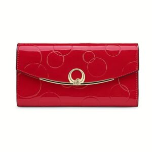 Red patent leather women's wallet with embossed circles and gold-tone clasp, for everyday use.