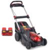 Baumr-AG 620CXS cordless electric lawnmower, black plastic/metal, red accents, with dual battery charger for yard work.