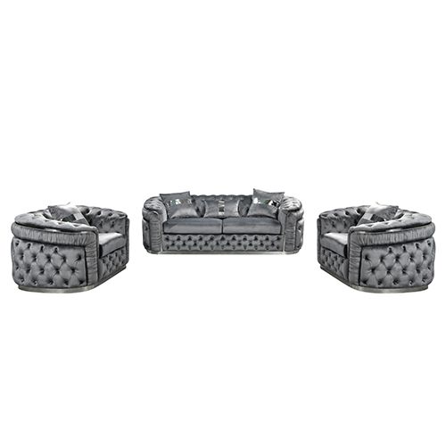 Grey Velvet Sofa Set 3+1+1 With Silver Trim – Sumo Deals 3+1+1 Seater Sofa Set Grey Velvet Fabric Solid Wood Construction Silver Stainless Steel Trim Product Image