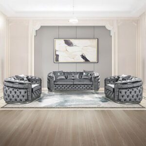 Grey Velvet Sofa Set 3+1+1 With Silver Trim – Sumo Deals 3+1+1 Seater Sofa Set Grey Velvet Fabric Solid Wood Construction Silver Stainless Steel Trim Product Image