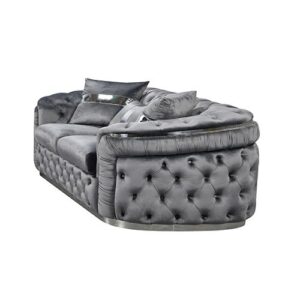 Grey Velvet Sofa Set 3+1+1 With Silver Trim – Sumo Deals 3+1+1 Seater Sofa Set Grey Velvet Fabric Solid Wood Construction Silver Stainless Steel Trim Product Image