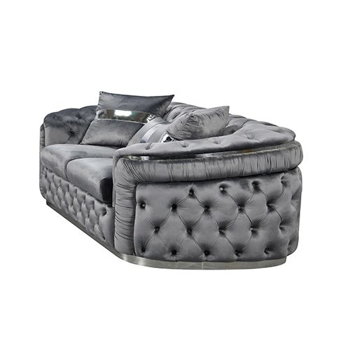 Grey Velvet Sofa Set 3+1+1 With Silver Trim – Sumo Deals 3+1+1 Seater Sofa Set Grey Velvet Fabric Solid Wood Construction Silver Stainless Steel Trim Product Image