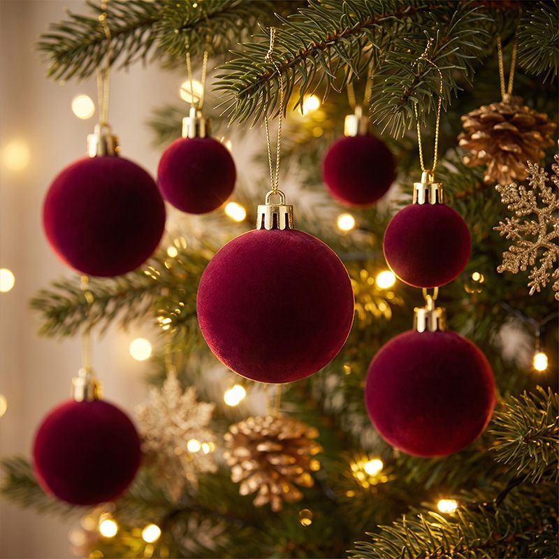 42Pc Wine Red Flocked Christmas Baubles Set – Sumo Deals 42 Piece Wine Red Flocked Christmas Baubles Set - Velvet Finish Tree Ornaments In 3 Sizes With Hangi Product Image