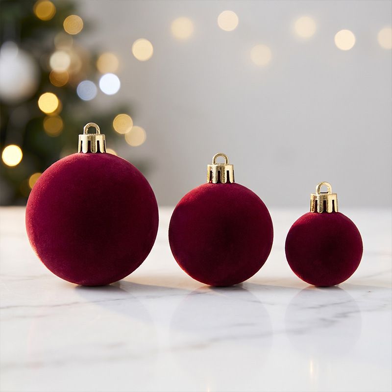 42Pc Wine Red Flocked Christmas Baubles Set – Sumo Deals 42 Piece Wine Red Flocked Christmas Baubles Set - Velvet Finish Tree Ornaments In 3 Sizes With Hangi Product Image