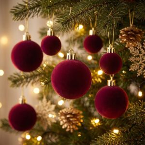 42 Piece Green Flocked Christmas Baubles Set - Velvet Finish Tree Ornaments In 3 Sizes With Hanging Product Image