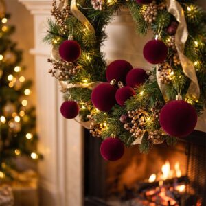 42 Piece Green Flocked Christmas Baubles Set - Velvet Finish Tree Ornaments In 3 Sizes With Hanging Product Image