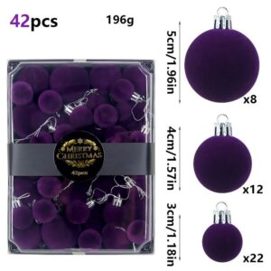 42 Piece Purple Flocked Christmas Baubles Set - Velvet Finish Tree Ornaments in 3 Sizes with Hanging product image