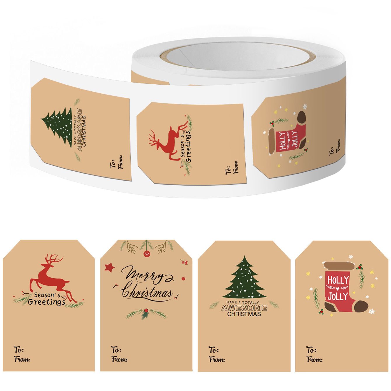 Christmas Gift Tag Stickers - 2 Rolls, 300 Pack Festive Kraf – Sumo Deals 2 Rolls Of 300 Pack Christmas Gift Tag Stickers - 4 Festive Designs Kraft Paper Self Adhesive Labels Product Image