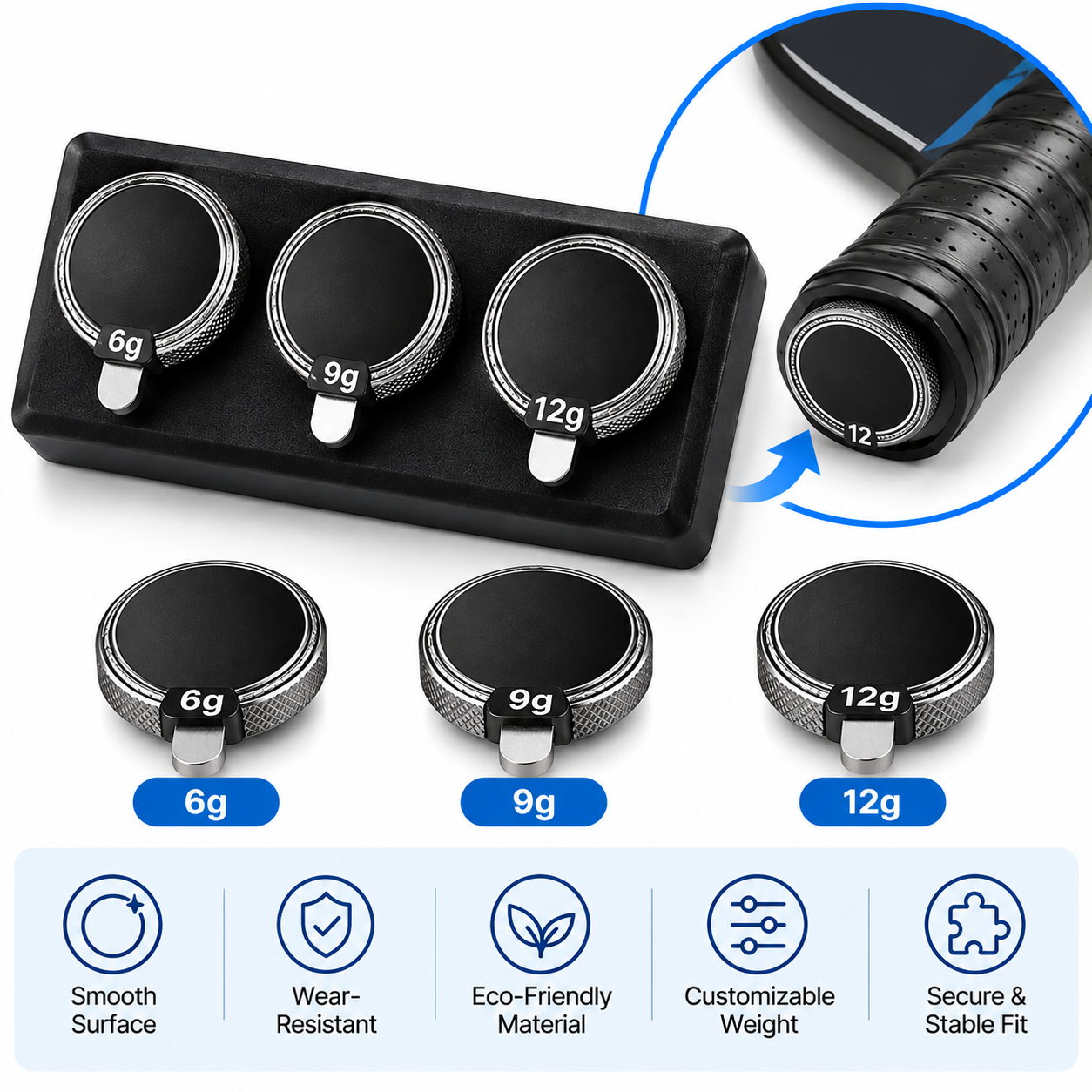 Pickleball Paddle Balance Weights Set - 3 Piece – Sumo Deals 3 Piece Pickleball Paddle Handle Balance Weights Set - 6 / 9 / 12G Self-Adhesive Stainless Steel End Product Image