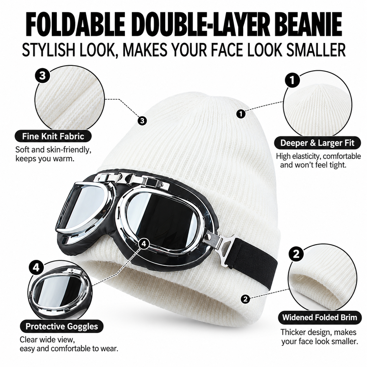 Black Rabbit Hair Aviator Hat With Detachable Sunglasses – Sumo Deals White Fine Knit Double-Layer Beanie With Attached Black Protective Goggles, For Warmth And Stylish Wear.