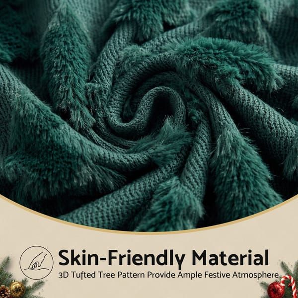 White Christmas Tree Pillow Covers (2-Pack) – Sumo Deals Dark Green Knitted Throw Blanket With Fluffy 3D Tufted Tree Patterns, Soft Skin-Friendly Material For Festive Decor.