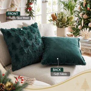 Green Christmas Tree Faux Wool Throw Pillow, Soft Fabric Back, For Festive Home Decor.