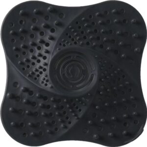 Black silicone shower drain hair catcher with suction cups, spiral design, and nubs for bath/kitchen sink.