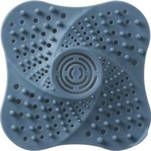 Blue silicone square drain hair catcher with suction cups and central drain holes for shower/sink.