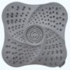 Gray silicone square drain cover with suction cups and swirl pattern for shower or sink.