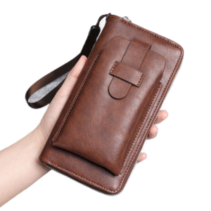 Brown Retro Leather 2-in-1 Men's Wallet & Phone storage pouch - Multi-Card Zipper Clutch with Front product image