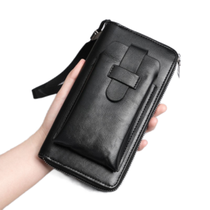 Black Retro Leather 2-in-1 Men's Wallet & Phone storage pouch - Multi-Card Zipper Clutch with Front product image
