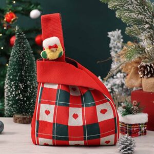 Red Christmas Knitted Gift Bag - Festive Reusable Tote with Cute Sock shape Plush Charm - Holiday Pa product image