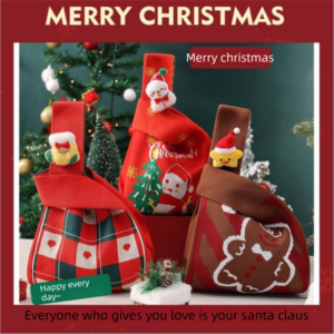 Red Christmas Knitted Gift Bag - Festive Reusable Tote With Cute Sock Shape Plush Charm - Holiday Pa Product Image