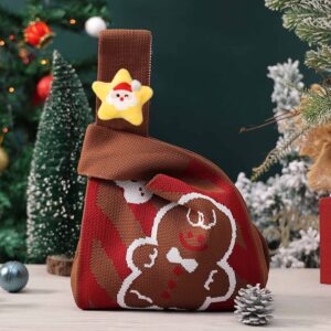 Brown Christmas Knitted Gift Bag - Festive Reusable Tote with Cute Star shape Plush Charm - Holiday product image