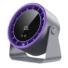 Purple and gray metal bladeless desk fan with digital display, 100% power, for cooling personal spaces.