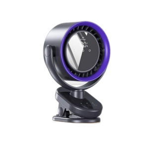Black plastic clip-on desk fan with purple trim, digital display, for personal cooling.