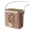Portable hanging waist fan, rose gold plastic and faux leather, with gold clip, for hands-free cooling.