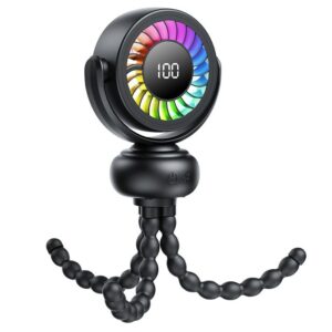 Black plastic RGB LED ring light with digital display, flexible tripod, for photography/videography.